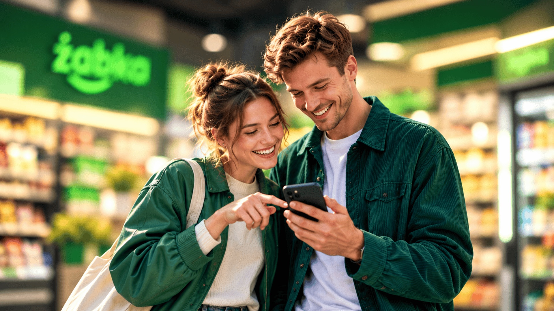 ludzie w sklepie żabka patrzą na smartfon z aplikacją żappka